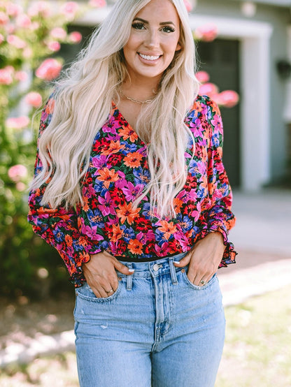 Elegant Floral Wrap V Neck Long Sleeve Body Suit