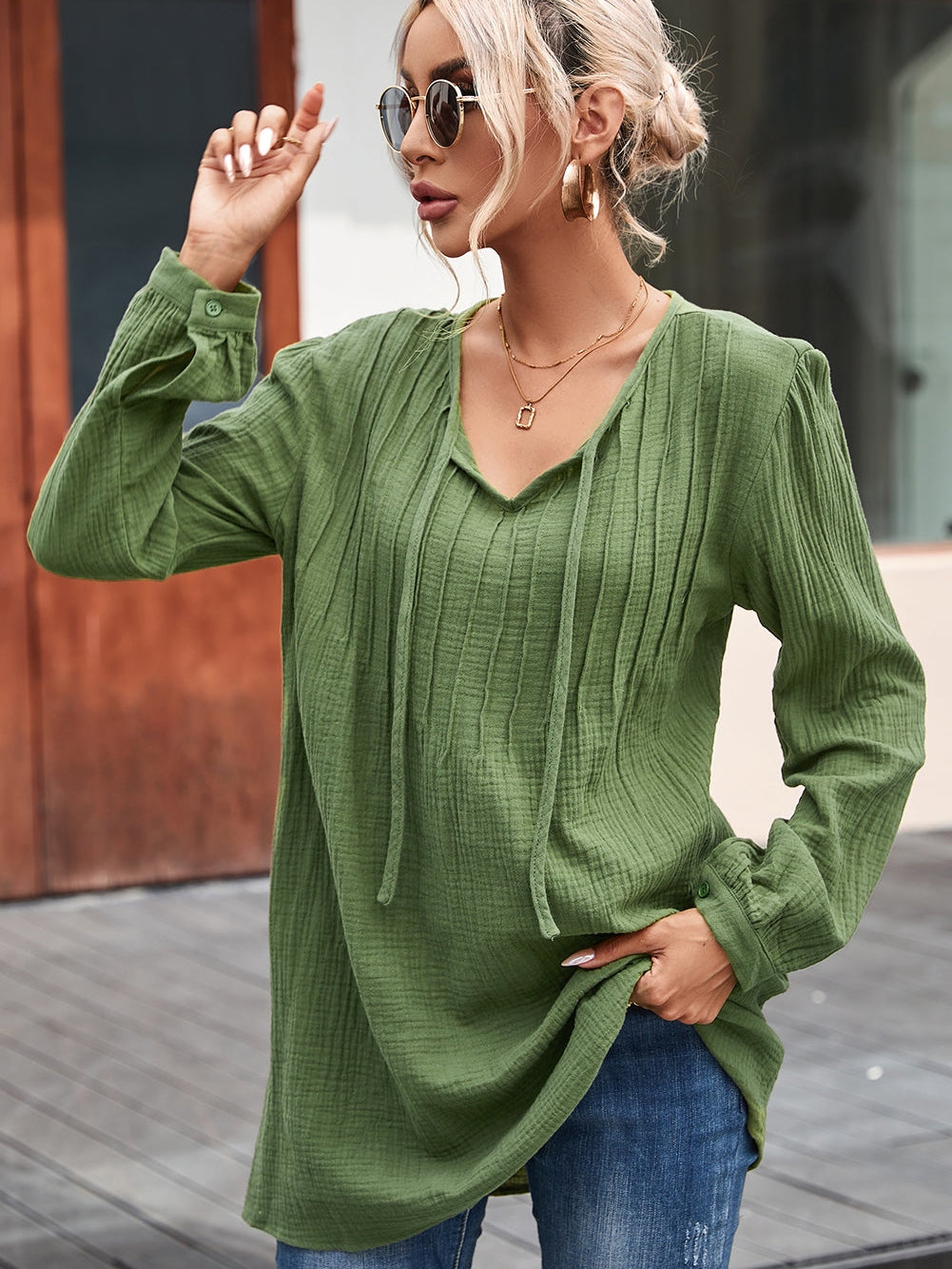 Green Textured V Neck Loose Top with Pleated Details
