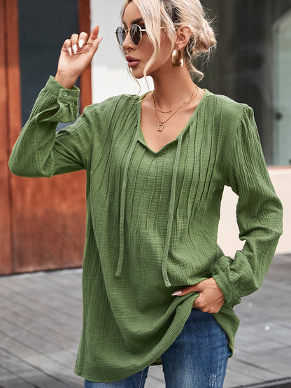 Green Textured V Neck Loose Top with Pleated Details