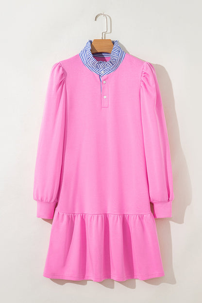 Pink Contrast Striped Collar Patchwork Puff Sleeve Ruffle Hem Mini Dress