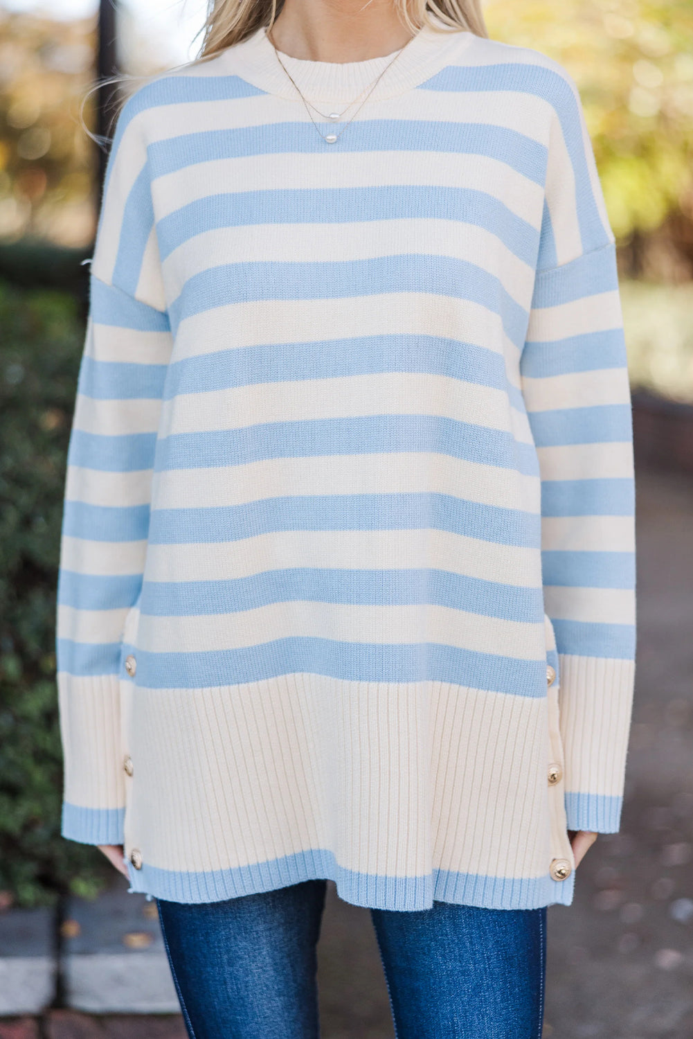 Sky Blue Stripe Ribbed Buttoned Detail Drop Shoulder Tunic Sweater