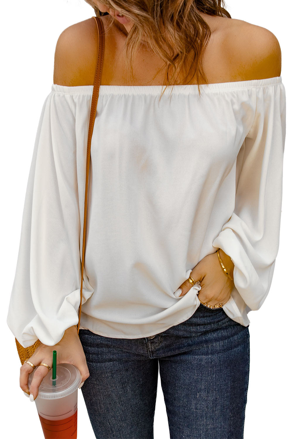 Elegant White Off Shoulder Top with Elastic Neckline