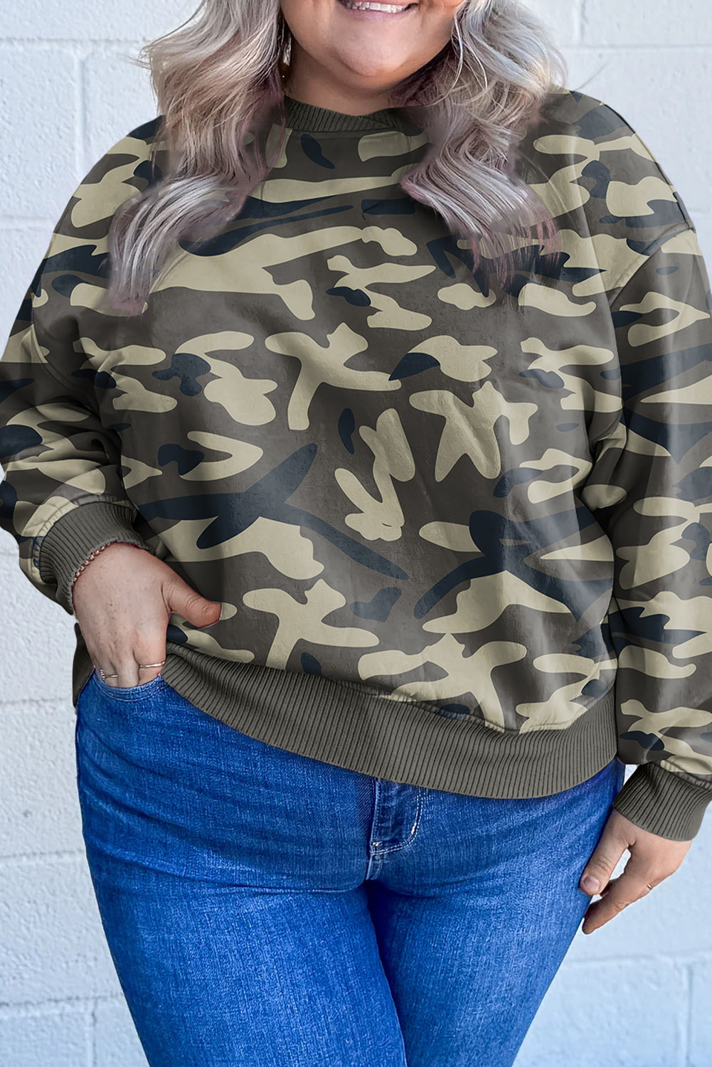 Green Camo Print Ribbed Trim Plus Sweatshirt