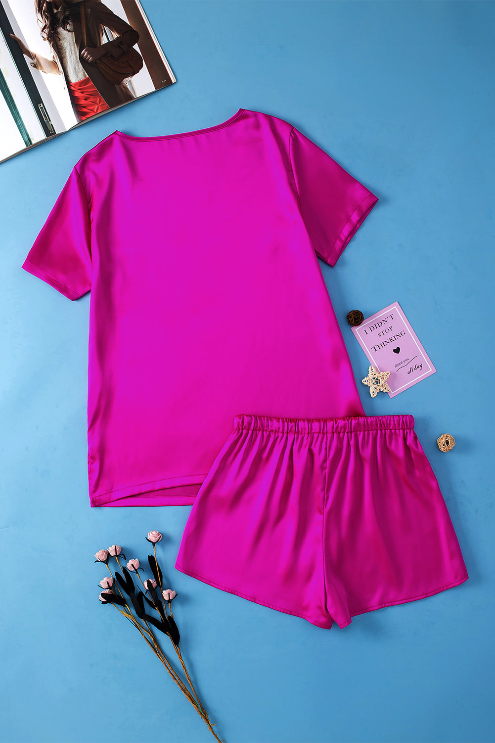 Elegant Bright Pink Satin Lounge Set with V-Neck Tee and Drawstring Shorts