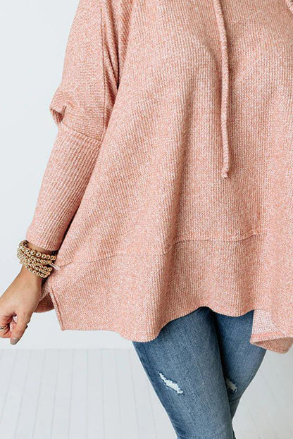 Apricot Pink Textured Knit Drawstring Cowl Neck Oversize Top with Side Slits