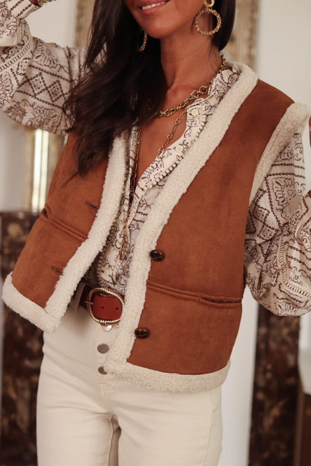 Chestnut Faux Suede Sherpa Patchwork Winter Vest