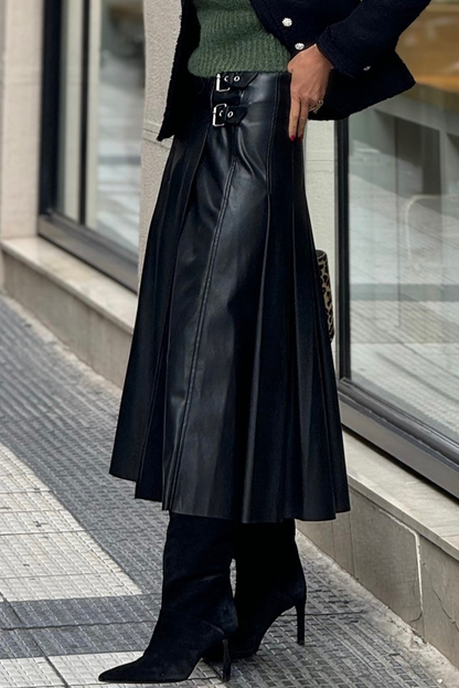 Black Faux Leather Retro Buckle Detail Pleated Stitch Flared Midi Skirt
