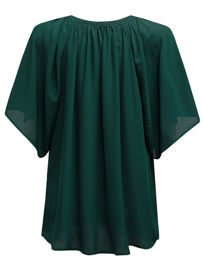 Green Split V-Neck Pleated Flutter Sleeve Blouse