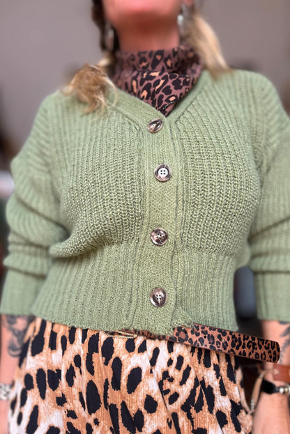 Grass Green Button V Neck Fitted Hem Contrast Sweater Cardigan