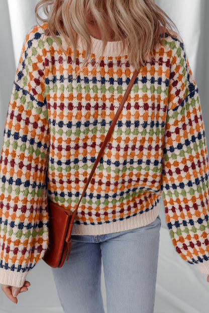 Multicolour Dotty Striped Pattern Knit Drop Shoulder Sweater