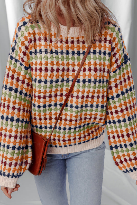 Multicolour Dotty Striped Pattern Knit Drop Shoulder Sweater