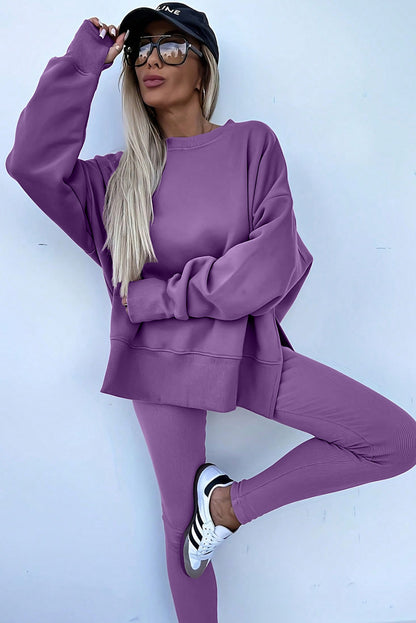 Orchid Mist Solid Color Oversize Slit Sweatshirt Ribbed Leggings 2pcs Set