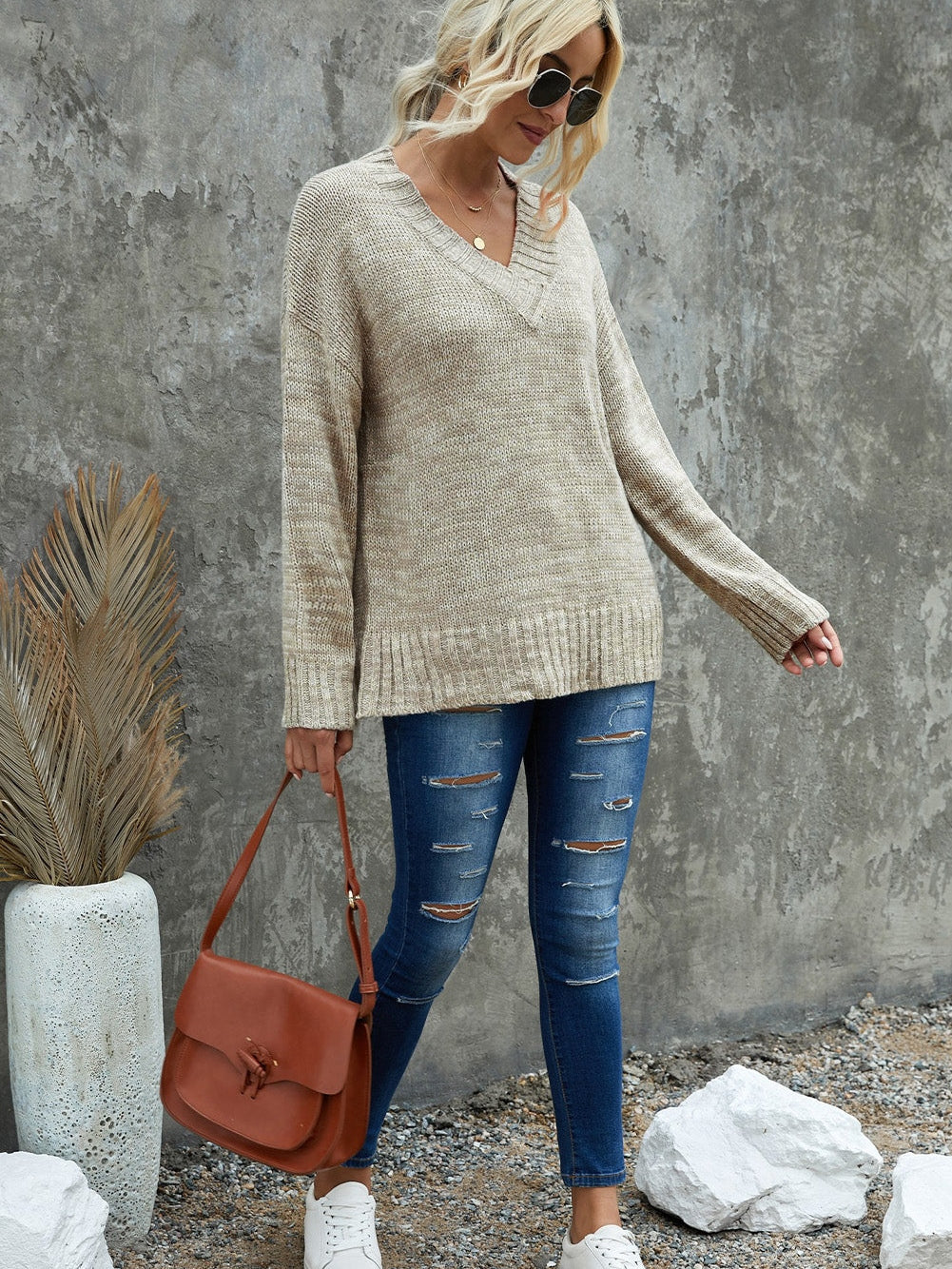 Khaki Drop Shoulder V-Neck Knit Pullover Sweater