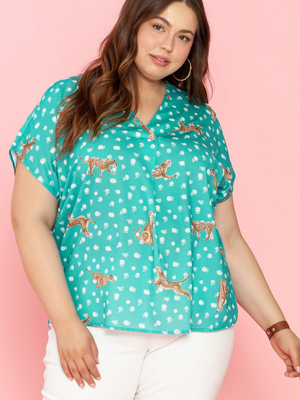 Green Cheetah Print V Neck Short Sleeve Plus Top