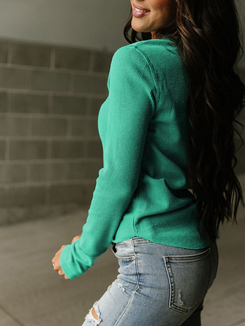 Green Button-Up Waffle Knit Henley Top