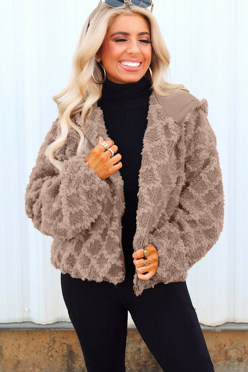 Chestnut Sherpa Rhombus Zip Up Side Pocket Hooded Jacket