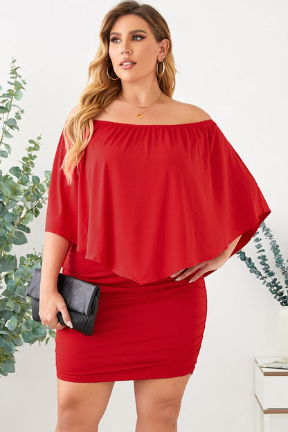 Fiery Red Plus Size Layered Mini Poncho Dress with Versatile Neckline
