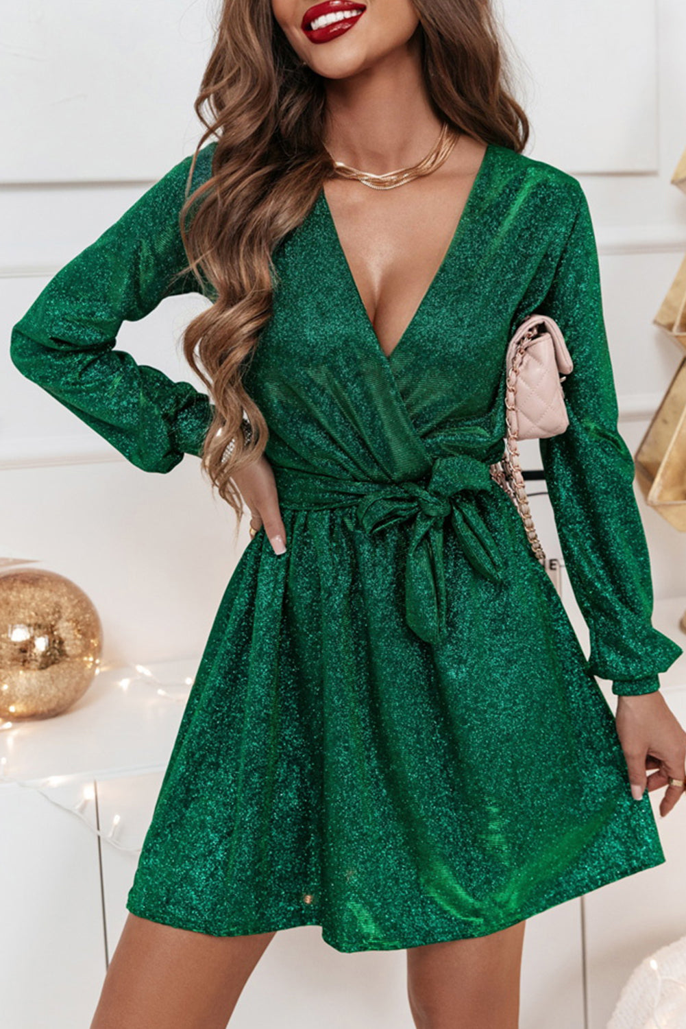 Blackish Green Metallic Wrapped V Neck Tied Waist Long Sleeve Mini Dress