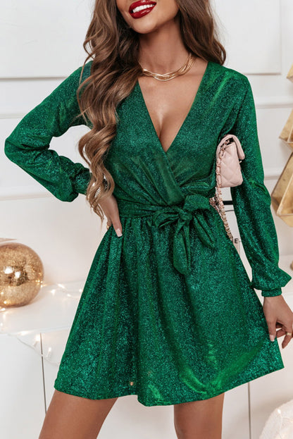 Blackish Green Metallic Wrapped V Neck Tied Waist Long Sleeve Mini Dress