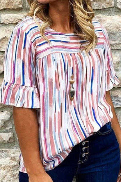 White Striped Ruffle Short Sleeve Plus Size Top