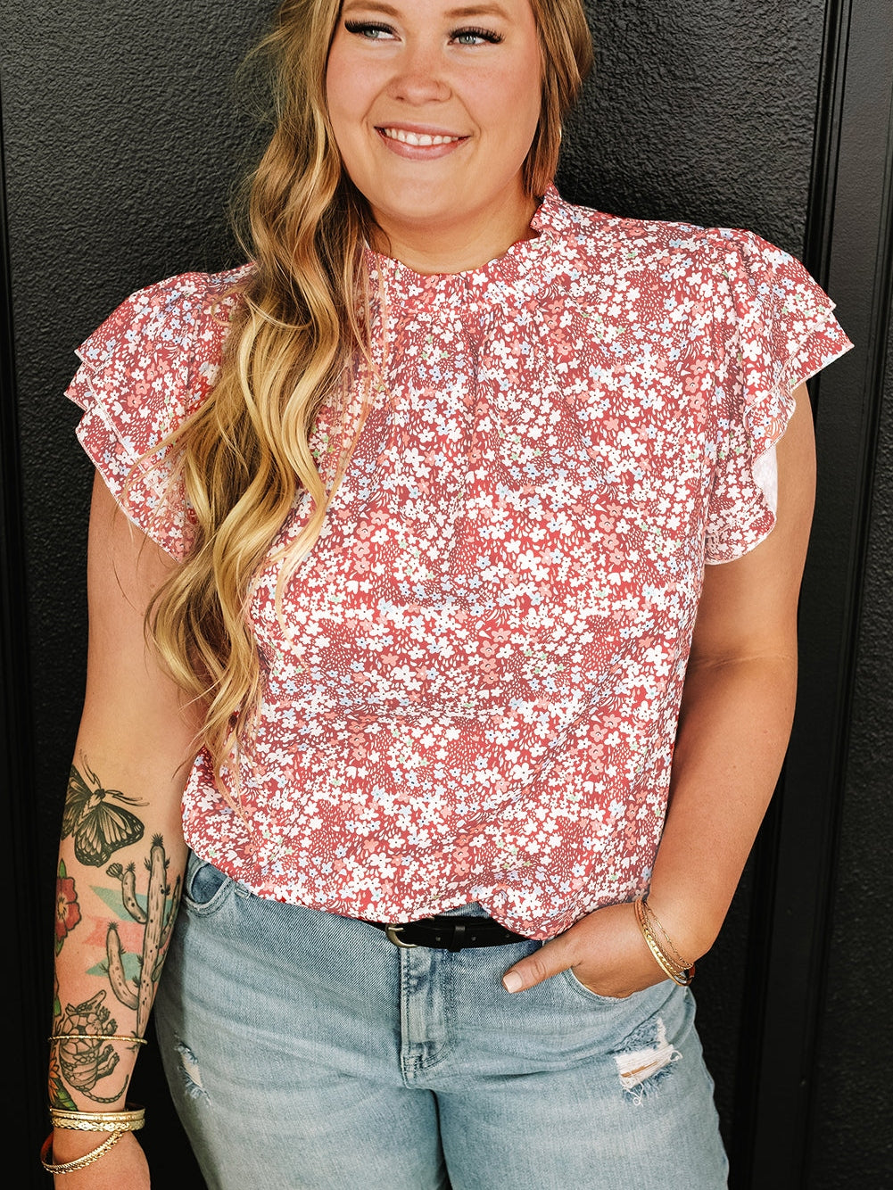 Pink Plus Size Floral Print Ruffled Sleeve Frilled Neck Blouse