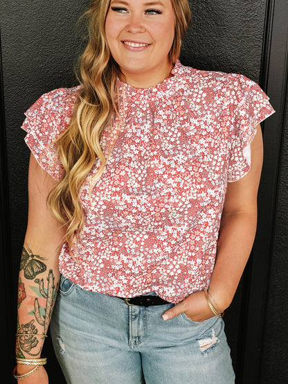 Pink Plus Size Floral Print Ruffled Sleeve Frilled Neck Blouse
