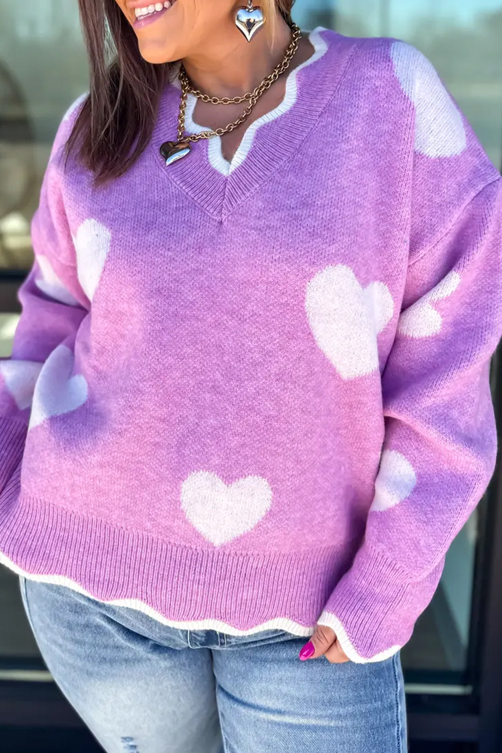 Purple Scalloped V Neck Heart Pattern Plus Size Sweater