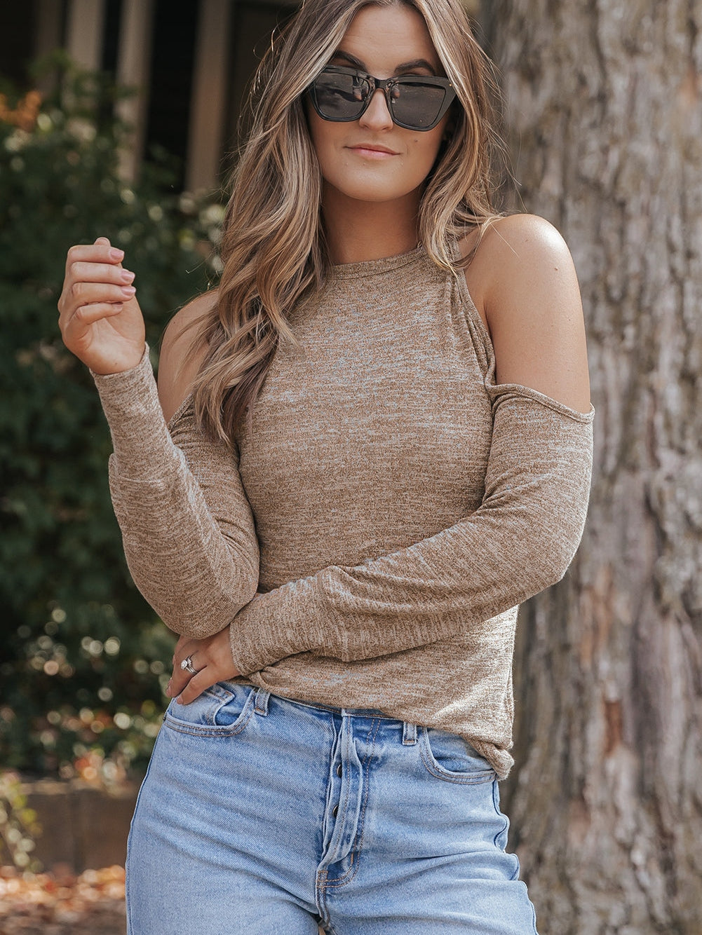 Khaki Marble Cold Shoulder Knit Top with Long Sleeves