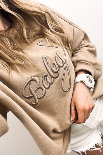 Parchment Baby Letter Embroidered Drop Shoulder Hoodie