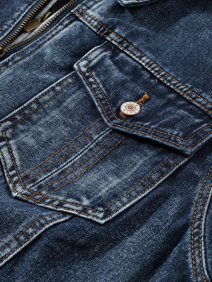 Layered Dark Blue Hooded Zip-Up Denim Jacket with Distressed Detail
