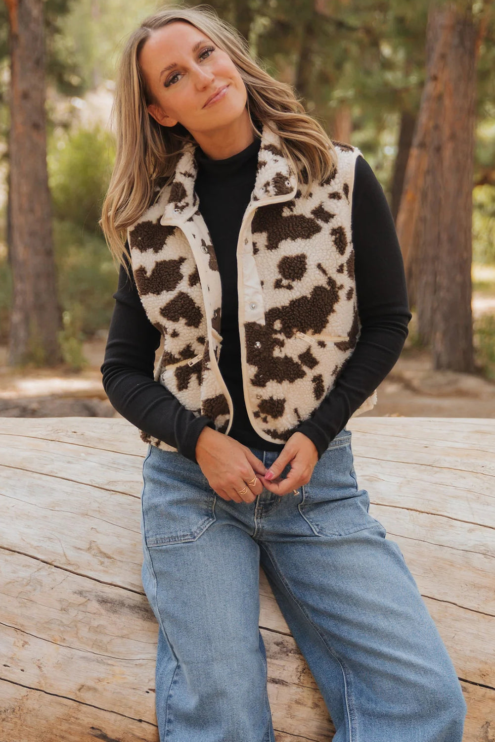 Brown Western Cow Spots Snap Button Sherpa Vest