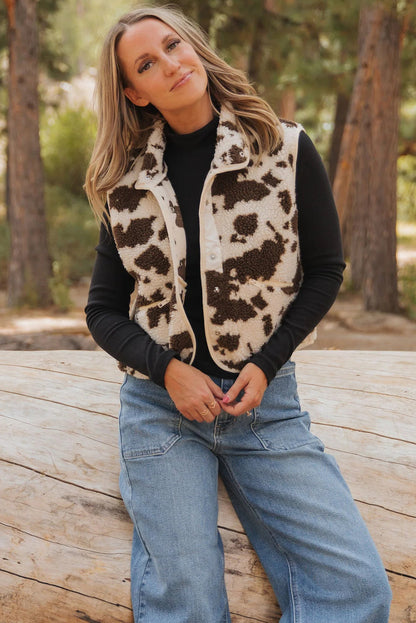 Brown Western Cow Spots Snap Button Sherpa Vest