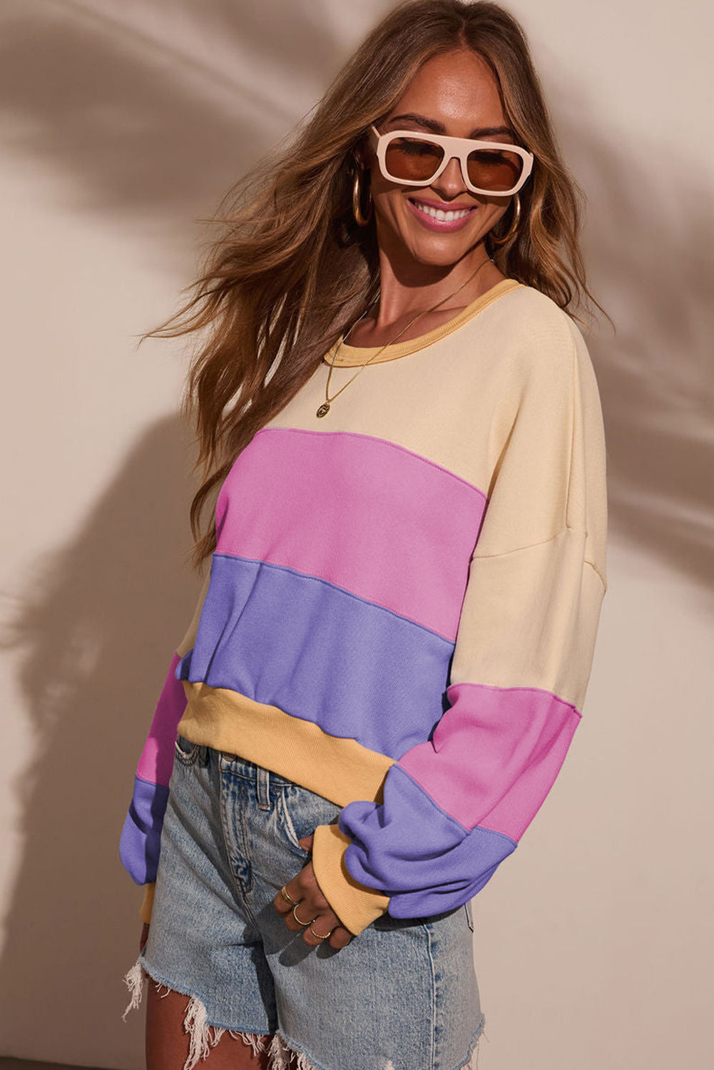 Phalaenopsis Color Block Patchwork Drop Shoulder Cropped Sweatshirt