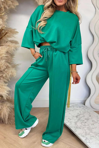 Sea Green 3/4 Sleeve Loose Top Drawstring Wide Leg Pant Set