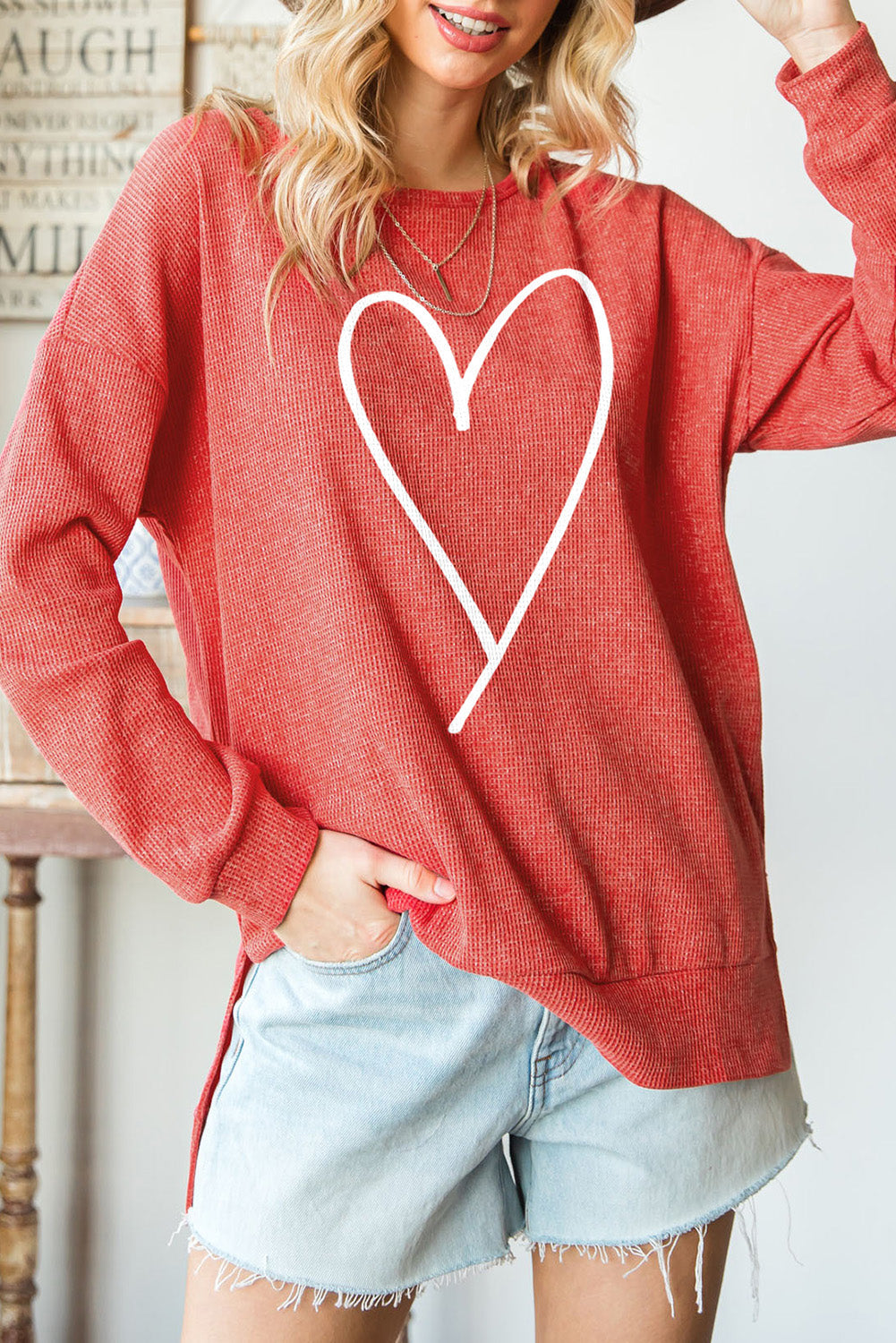 Heartfelt Red Waffle Knit High Low Long Sleeve Top