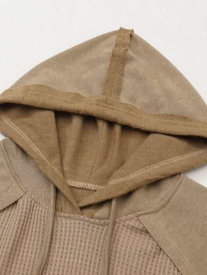 Khaki Exposed Seam Waffle Knit Hoodie with Adjustable Drawstring