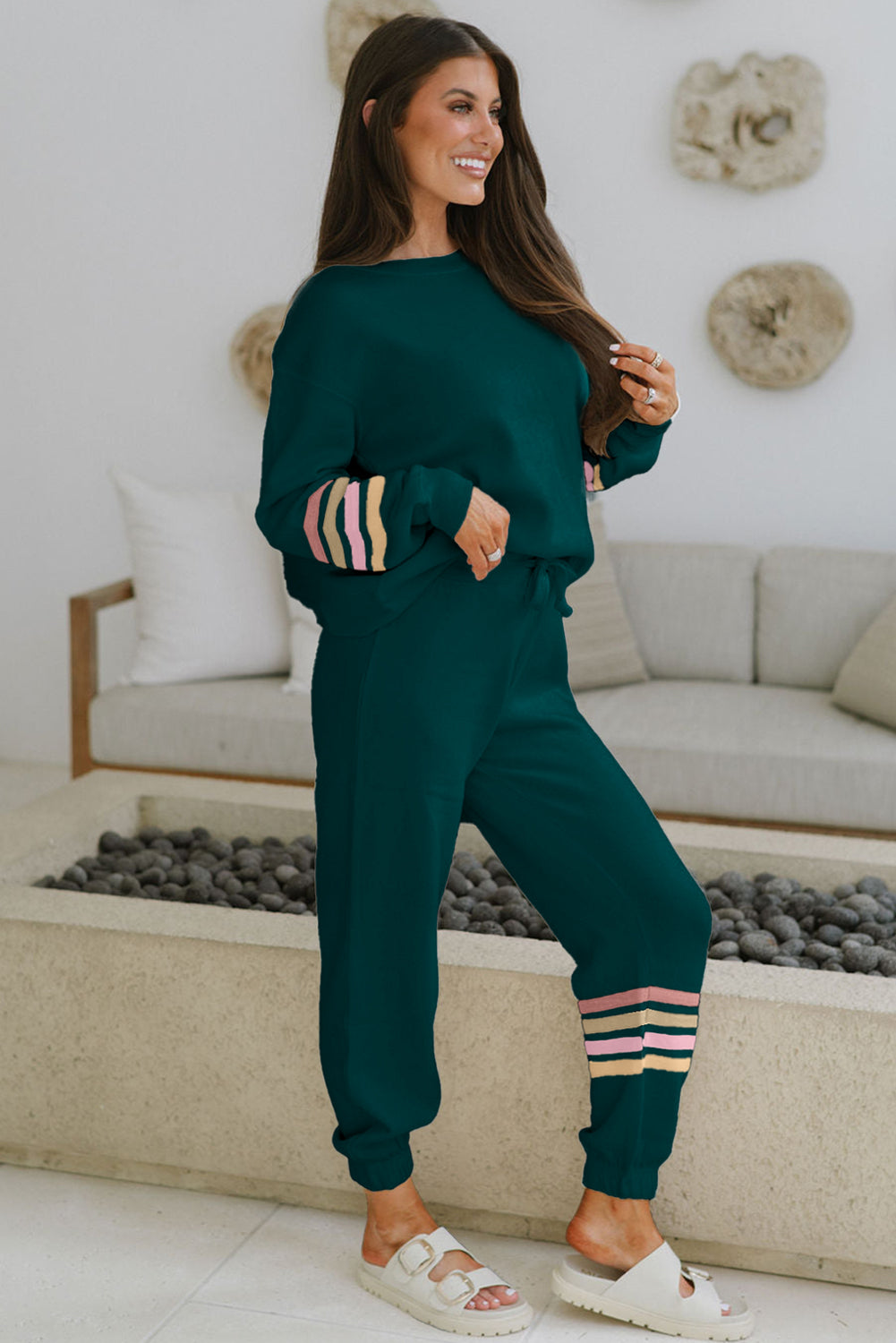 Sea Green Striped Drop Shoulder Round Neck Pullover and Jogger Pants Active Outfit