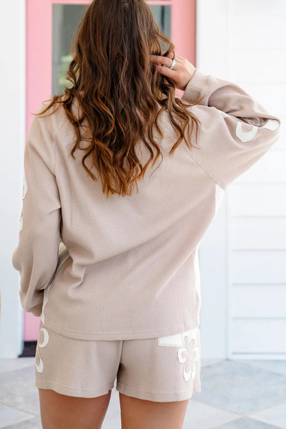 Smoke Gray Flower Patched Waffle Pullover and Matching Shorts Set