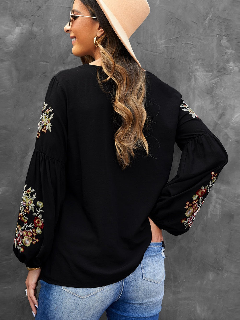 Elegant Floral Embroidered Black Top