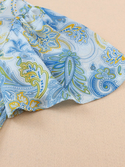 Elegant Sky Blue Paisley Pattern Flowy Blouse with Wide Sleeves