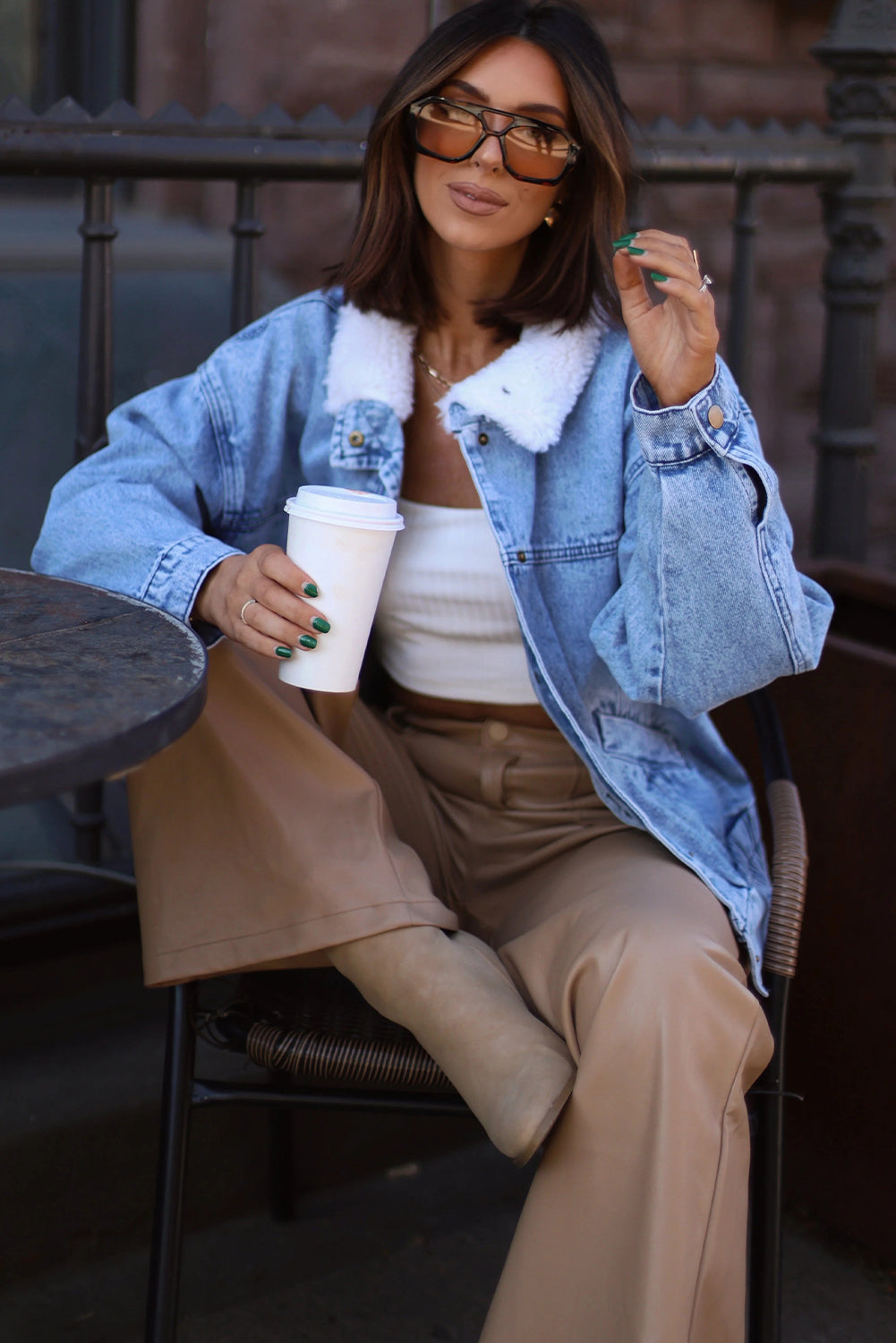 Sky Blue Sherpa Collar Durable Denim Jacket