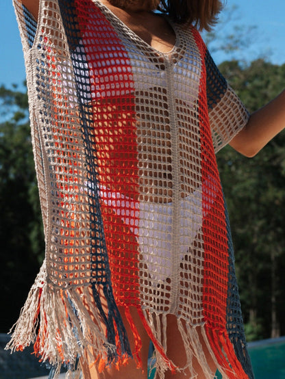 Beach Ready Striped Crochet Tassel Cover Up Dress