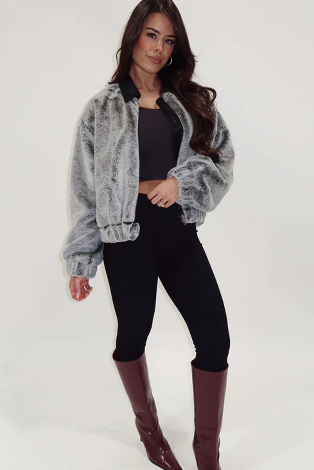 High-rise Fleece Plush Contrast Faux Leather Collared Zipped Casual Jacket