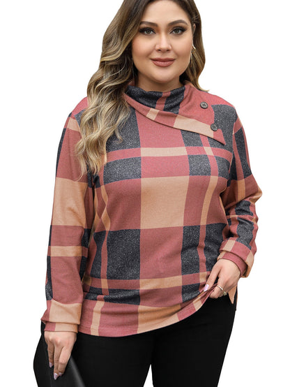 Mineral Red Geometric Print Plus Size Long Sleeve Collared Top