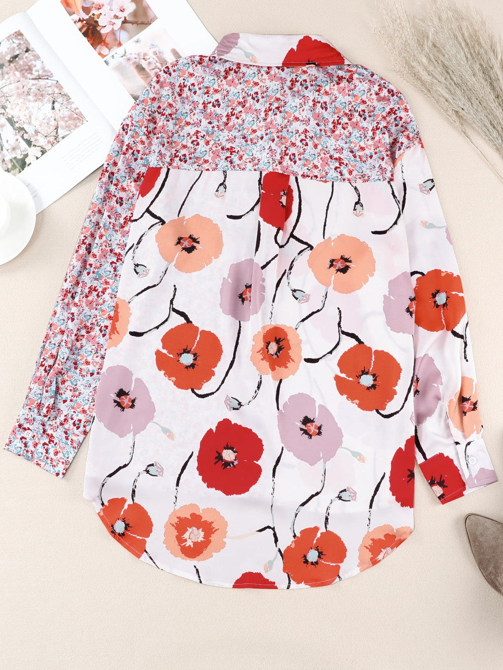 Fiery Red Floral Patchwork Button-Up Blouse with Front Pocket