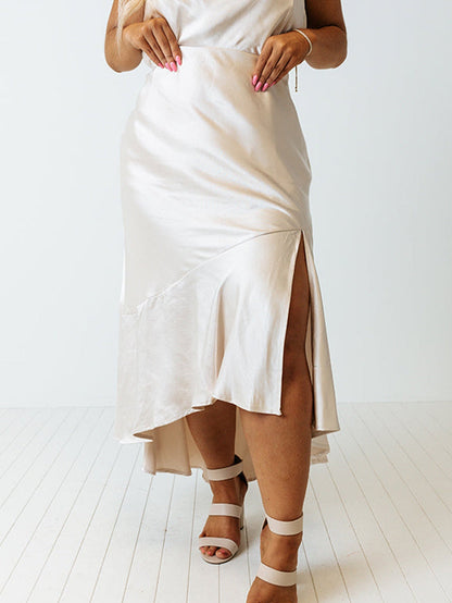 Beige Satin Split Ruffled High Waist Plus Size Skirt