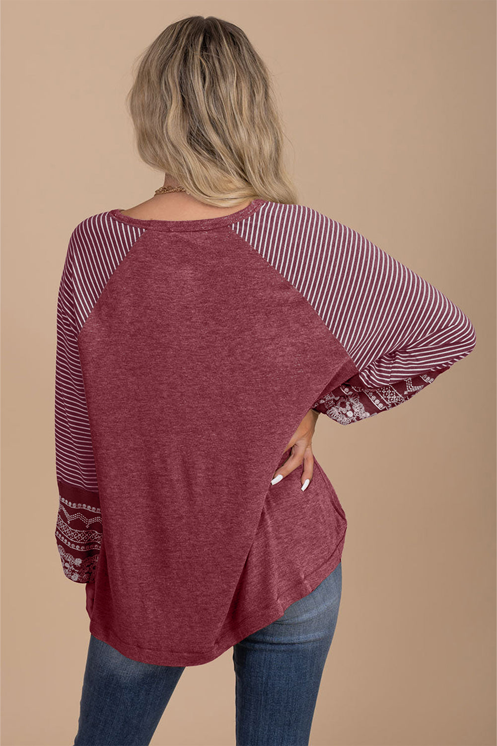 Burgundy Contrast Print Striped Raglan Long Sleeve Loose Top