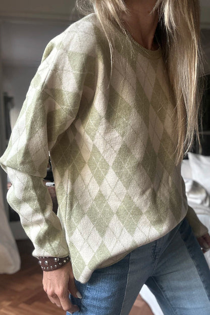 Green Checkered Colorblock Round Neck Sweater Top