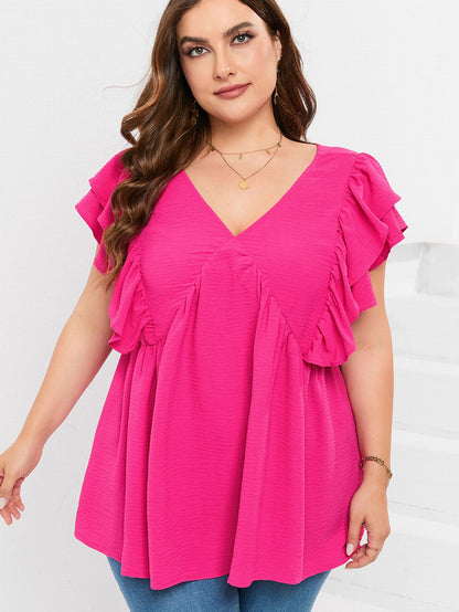 Pretty in Pink V-Neck Ruffle Tunic Top with Tie Back