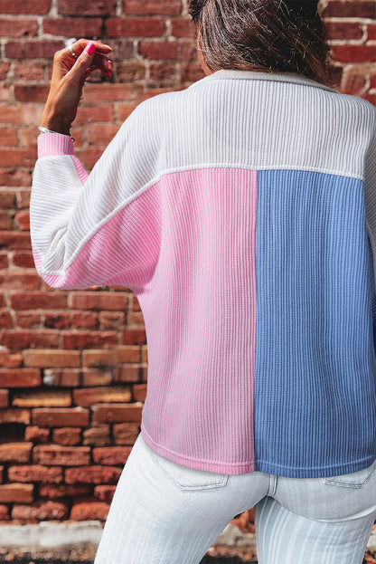 Multicolour Color Block Patchwork Waffle Knit Collar Button Neck Long Sleeve Top